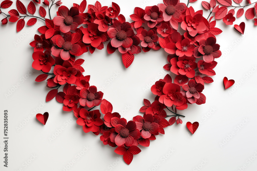 Heart made of colorful flowers isolated on white background. Flat lay, top view