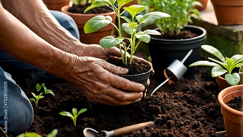 Close-up of hands repotting a young plant in a home garden, with gardening tools nearby in soft daylight. photo