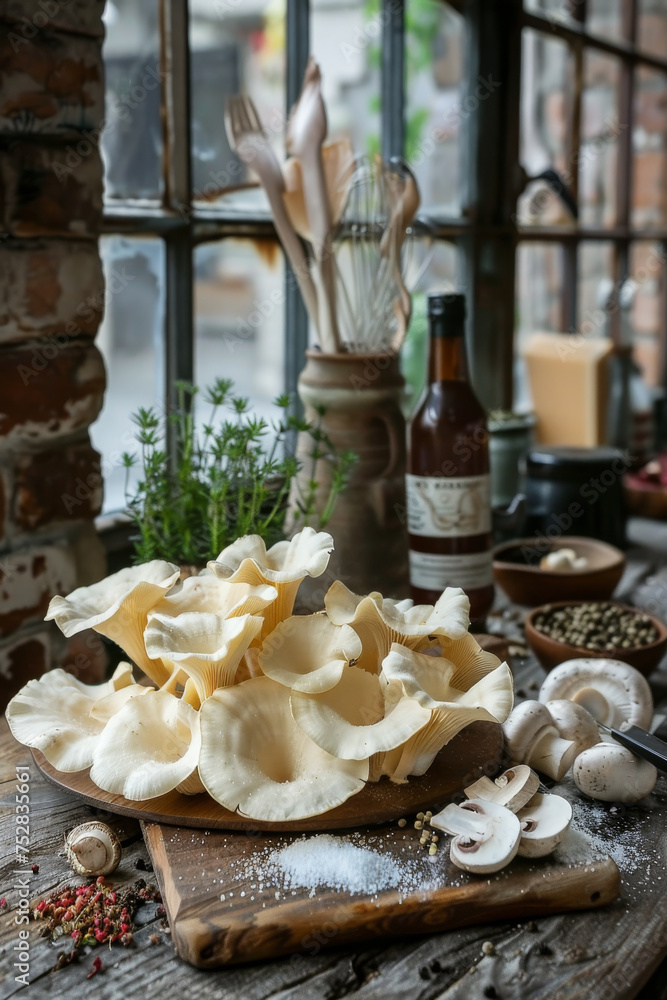 Gourmet Exotic Mushroom Arrangement by Window Light in a Rustic Kitchen Gourmet Exotic Mushroom Arrangement by Window Light in a Rustic Kitchen