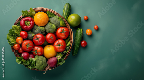 ealthy food in basket. Studio photography of different fruits and vegetables on green background, top view. High resolution product. 