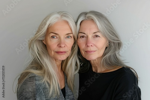 Close-up portrait of two chic stylish older women twin sisters. Concepts for family, siblings day. Can also be used as skin care, anti-wrinkle product © Olena