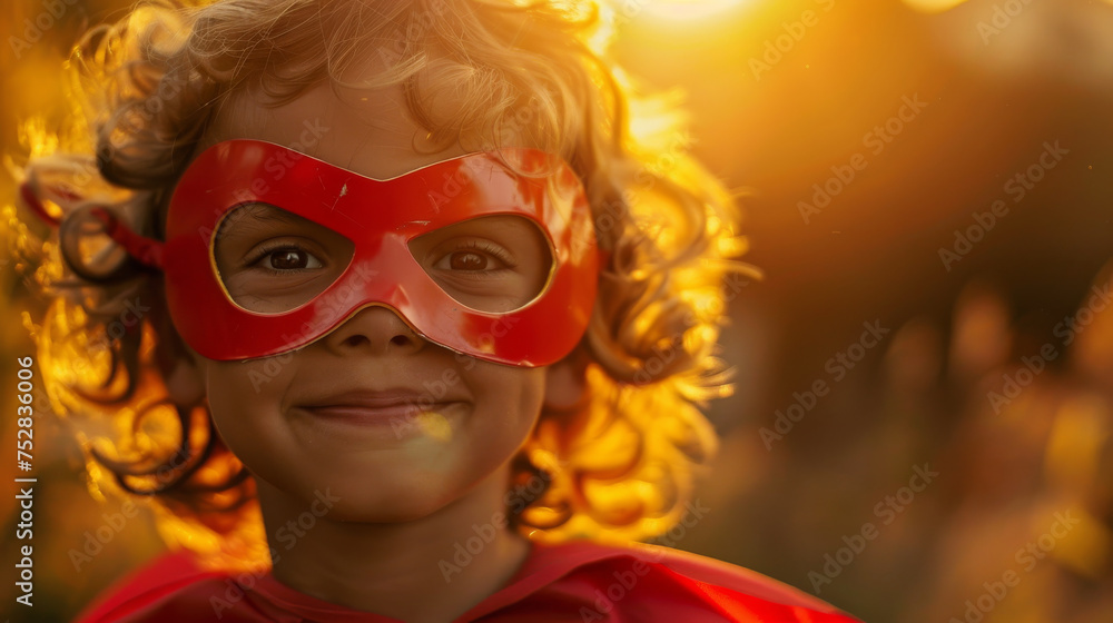 Portrait of an happy boy child wearing a superhero costume with copy space