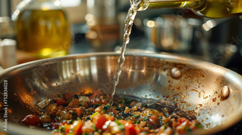 White wine pouring in a pan to deglaze it photo