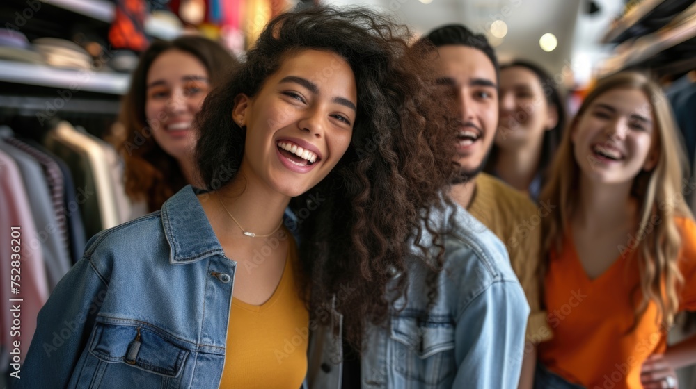 Group of diverse young people laughing and having fun in a clothing store. - obrazy, fototapety, plakaty 