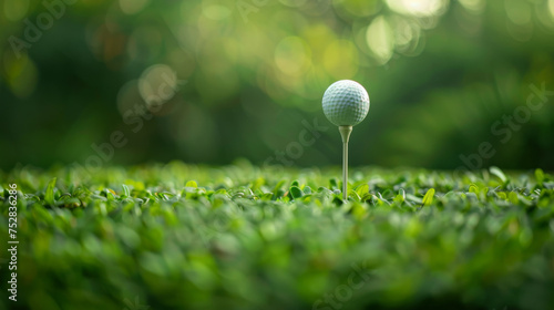 Serene Golf Ball on Tee Surrounded by Lush Greenery