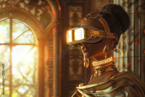 A majestic woman in traditional attire is juxtaposed with modern VR glasses against an ornate window and rich textures
