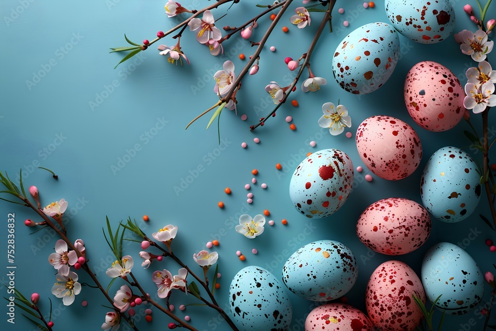 Delicate Easter frame with colorful pastel-colored eggs and spring flowers on a blue background
