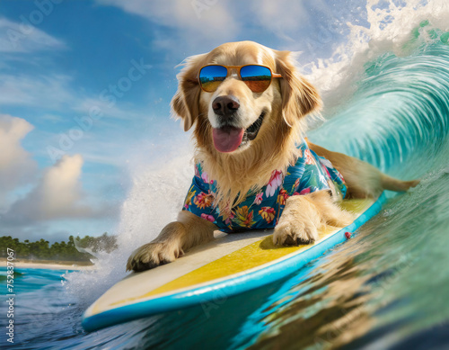 Excited Golden Retriever dog surfing in the ocean, wearing sunglasses and a Hawaiian shirt