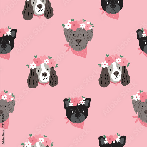 Cute spring dog with flowers. Vector seamless pattern in flat style © webmuza