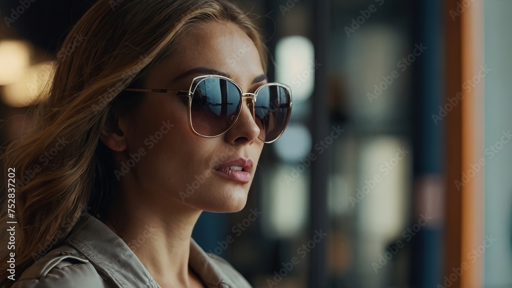 Portrait of a woman wearing sunglasses in a shop Portrait of a woman wearing sunglasses in a shop
