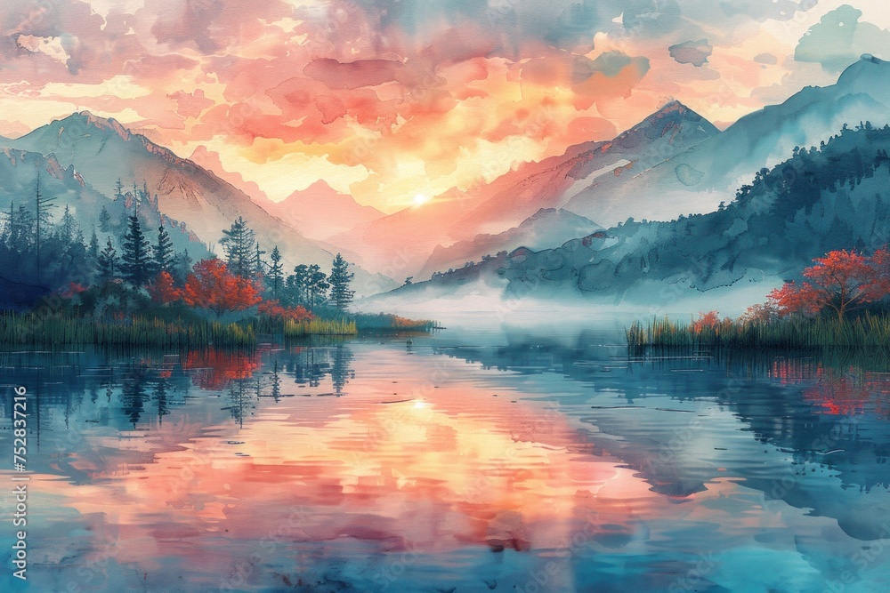 sunset over the lake, A stunning digital art landscape showing a vibrant, flower-filled valley set against the backdrop of majestic mountains and a clear blue sky..