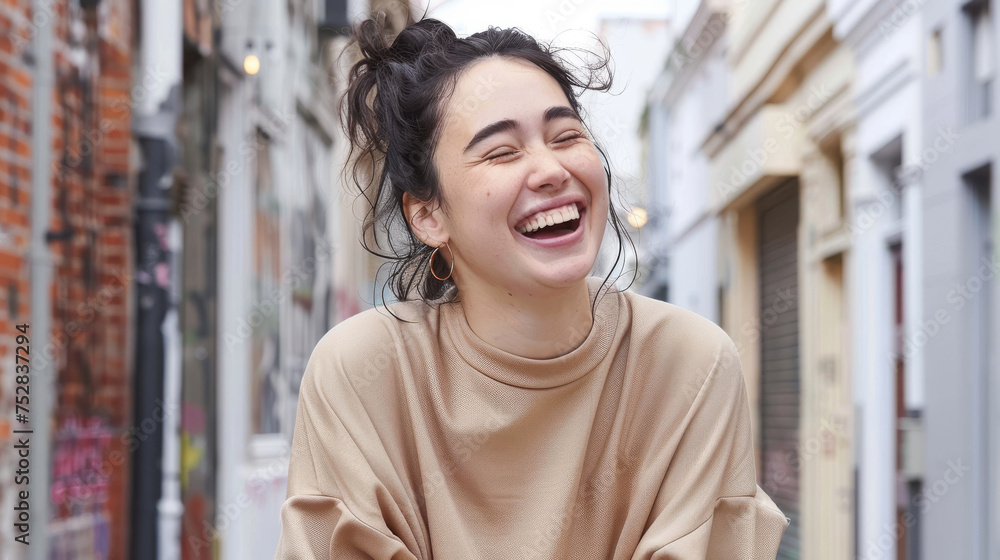 Fototapeta premium Joyful Young Woman Laughing on a City Street