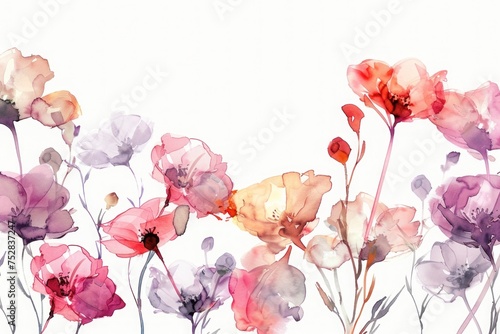 Delicate floral design featuring transparent, watercolor-painted flowers, ideal for chic and sophisticated wall decor, on white background