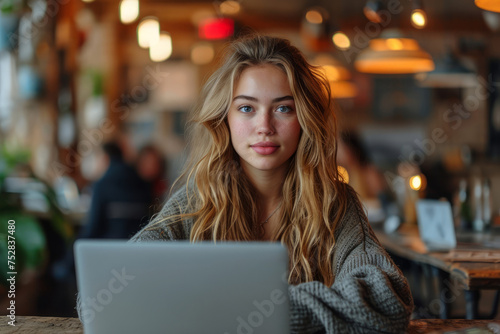 Young woman with laptop in a cozy cafe setting