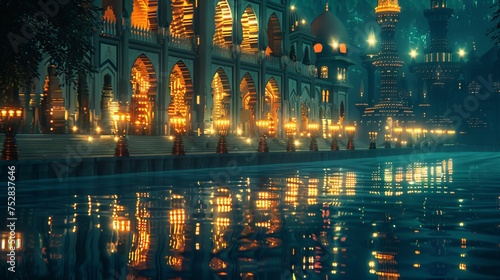 Serene river reflecting glowing mosque lights  evoking ramadan mubarak spirit  