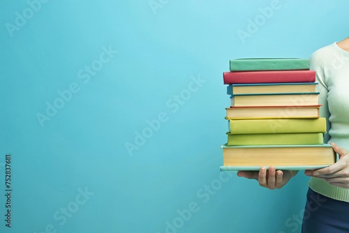 Woman holding a stack of books on blue background. Education concept.