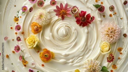 Floral arrangement with milk swirl in the middle. Flat lay composition with copy space