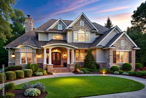 Large luxury home with beautiful landscaping in the evening.