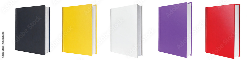 Set of book cover mockups. white, yellow, black, violet and red books. front and side view perspectives, template designs, isolated on a transparent background. PNG, cutout, or clipping path.
Set of book cover mockups. white, yellow, black, violet and red books. front and side view perspectives, template designs, isolated on a transparent background. PNG, cutout, or clipping path.