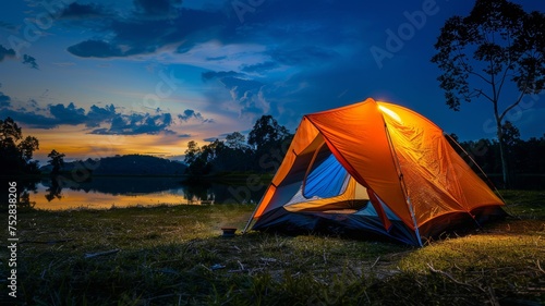 The outdoor camping tent is set on a grassy area. Illuminated by a warm glow at night under the blue sky at twilight. photo