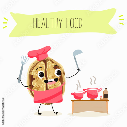 Cute  cartoon nut, walnut characters with different activities. Flat vector illustration, funny nuts. Organic food.