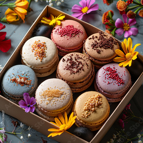Colorful macaroons and flowers. Sweet macarons in gift box. Top view  ai technology