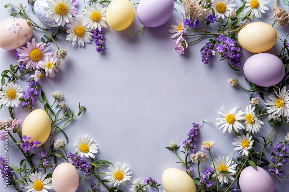 Easter eggs with daisies and chamomile flowers on blue background Easter eggs with daisies and chamomile flowers on blue background