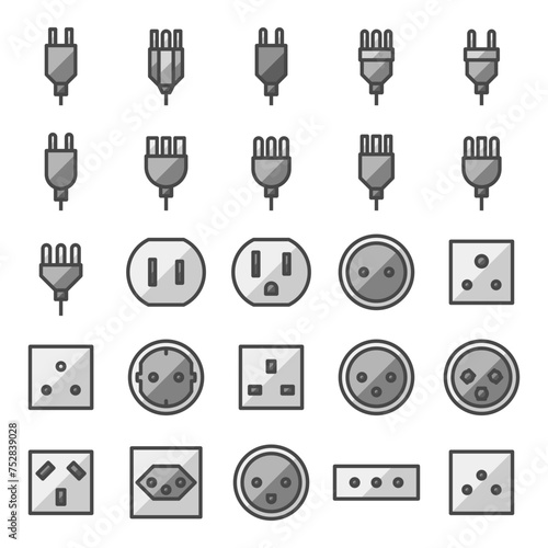 Multipurpose power plug and power outlet vector icon set in filled outline style