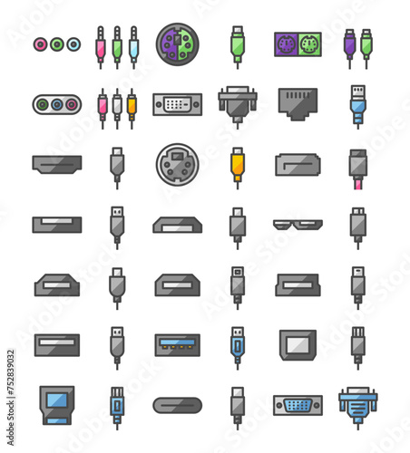 Multipurpose port and connector vector icon set in filled outline style