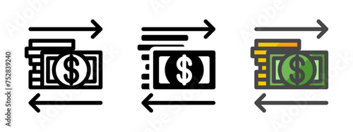 Multipurpose cash flow vector icon in outline, glyph, filled outline style. Three icon style variants in one pack.