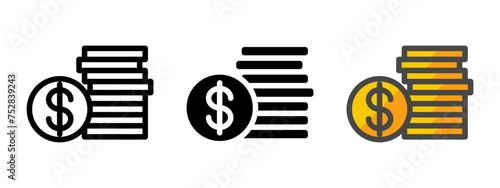 Multipurpose coins vector icon in outline, glyph, filled outline style. Three icon style variants in one pack.