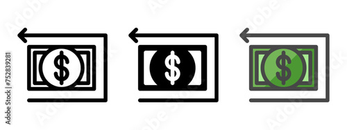 Multipurpose money and arrow vector icon in outline, glyph, filled outline style. Three icon style variants in one pack.