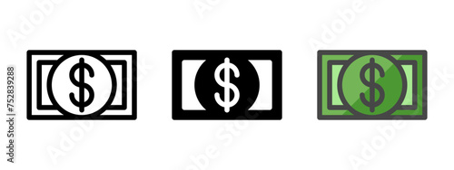 Multipurpose paper money vector icon in outline, glyph, filled outline style. Three icon style variants in one pack.