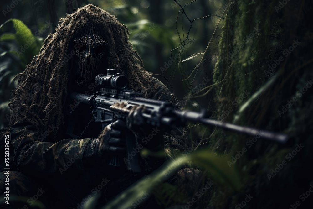 Man in the jungle with a machine gun. Dark forest. Selective focus, tries to aim and make a shot from the machine gun, AI generated
