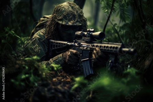 Man in the jungle with a machine gun. Dark forest. Selective focus, tries to aim and make a shot from the machine gun, AI generated