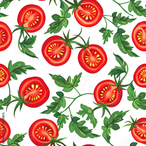 Red tomatoes repeat seamless pattern on white background.