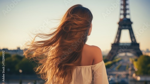 Back view of young elegant woman looking at Eiffel Tower. Tourism. Travelling Concept with Copy Space. 