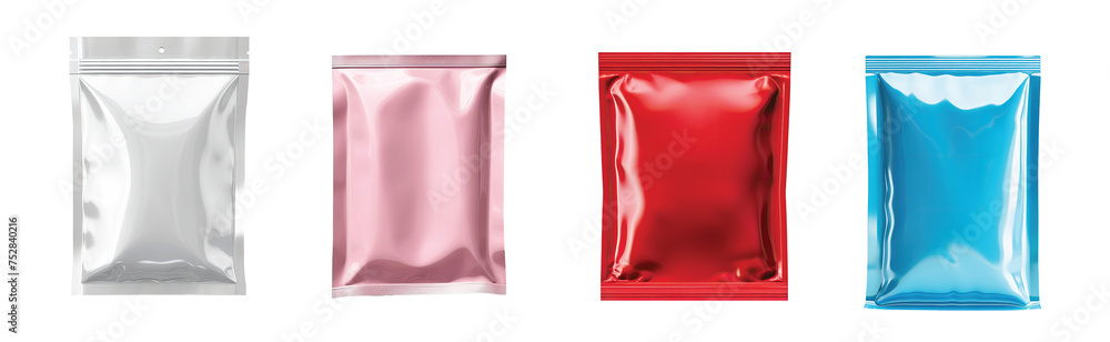 Set of aluminum blank foil food pack bag packaging collection illustration isolated transparent background. red, blue, pink and white foil package mock up, PNG, cutout, or clipping path. ,
