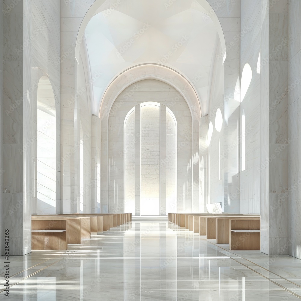 Sleek minimalist marble cathedral viewed from a low angle emphasizing the serene beauty of its sanctuary