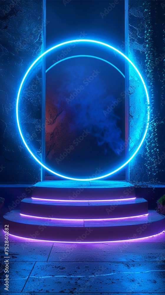 3D neon blue podium in a cyber tech portal