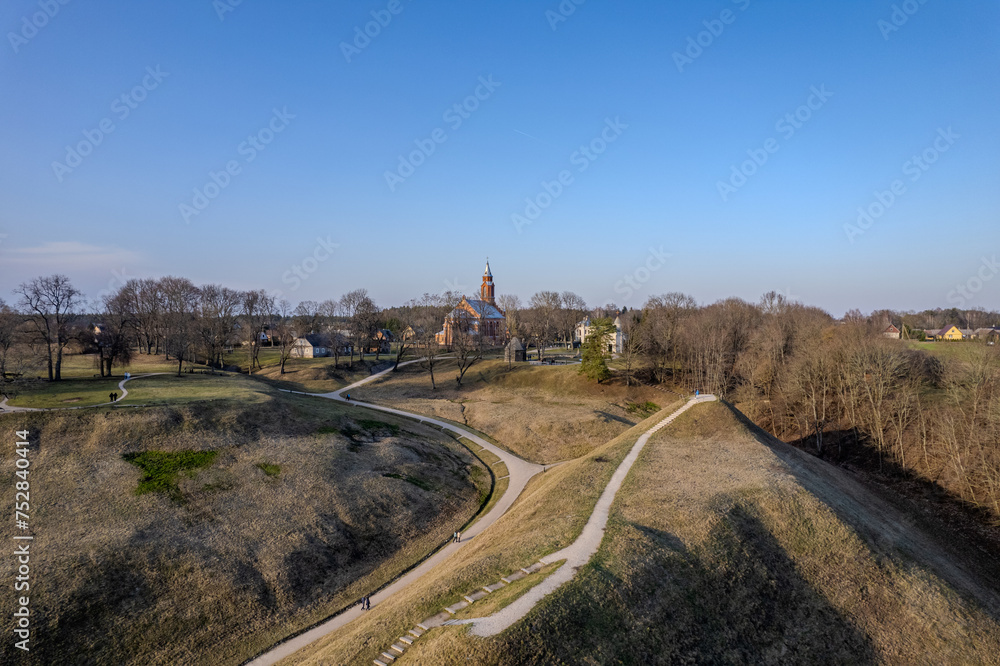 Aerial spring evening view in sunny Kernave Archaeological Site, Lithuania