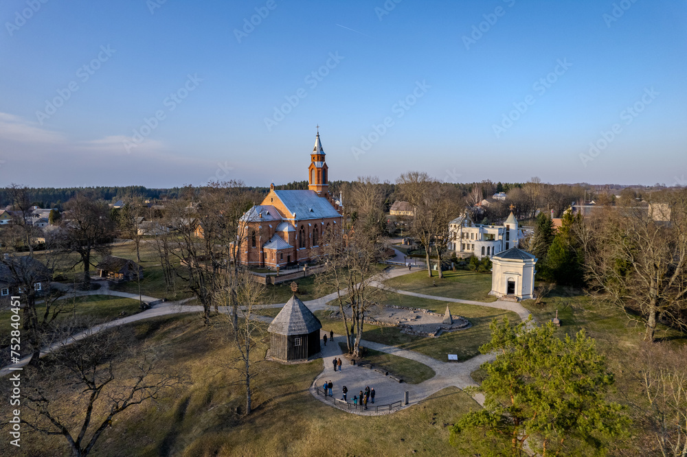 Aerial spring evening view in sunny Kernave Archaeological Site, Lithuania