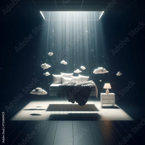 3D rendering of a dreamy bedroom with a full moon and clouds photo