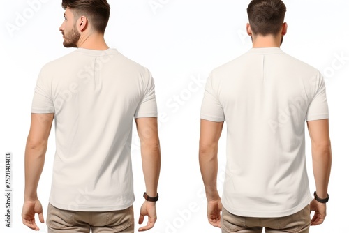 White polo t-shirt mockup, front and back view, Male model wearing a t-shirt on a White background, Ai generated
