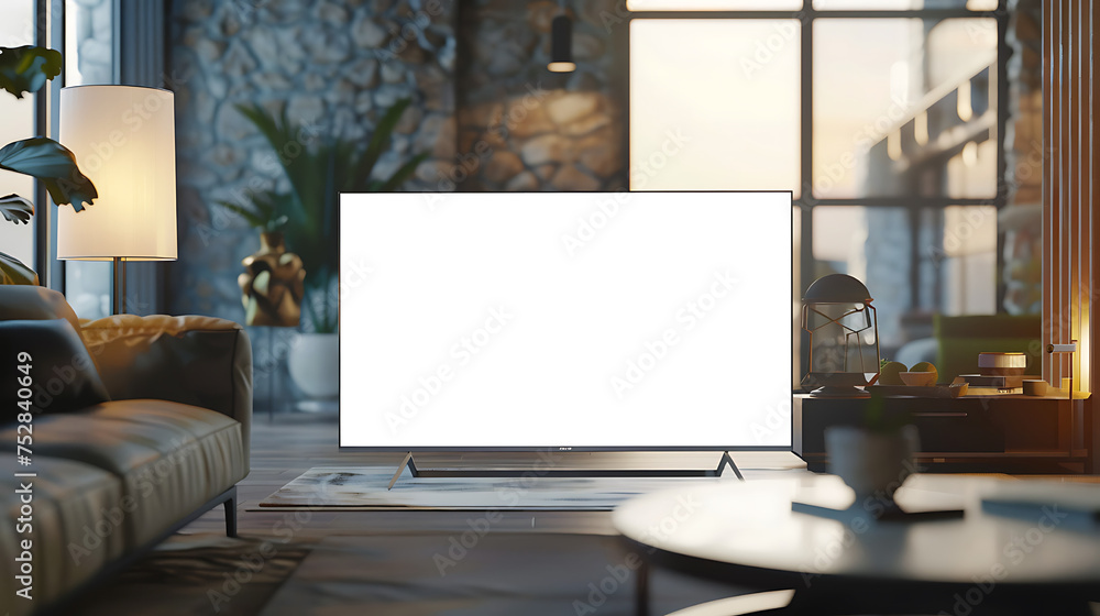 Smart TV with blank white transparent on blurred living room background. PNG is transparent. Smart TV with blank white transparent on blurred living room background. PNG is transparent.