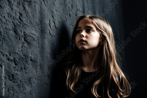Cover child girl posing with long hair blowing in wind at dark textured wall, stuck looking away. Pretty kid model 9-10 year old frozen eyes pose in shadow. Performing act concept. Copy ad text space