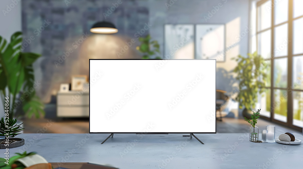 Smart TV with blank white transparent on blurred living room background. PNG is transparent. Smart TV with blank white transparent on blurred living room background. PNG is transparent.