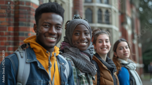 group of multiethnic students smiling happily looking at the camera in front of the university © kura