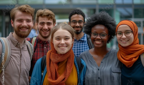 group of multiethnic students smiling happily looking at the camera in front of the university