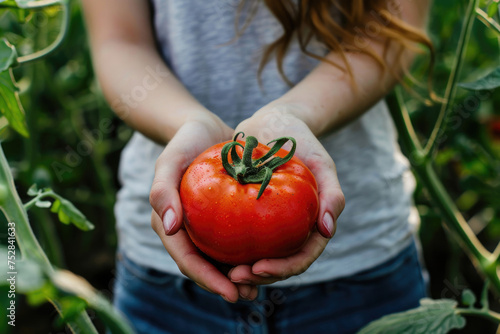 Girl is holding ripe fresh tomato in her hands. Organic and eco-friendly vegetable harvest